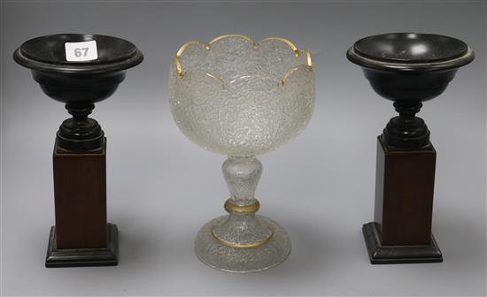 A crackle glass vase and a pair of bronze effect turned wood vases tallest 22cm